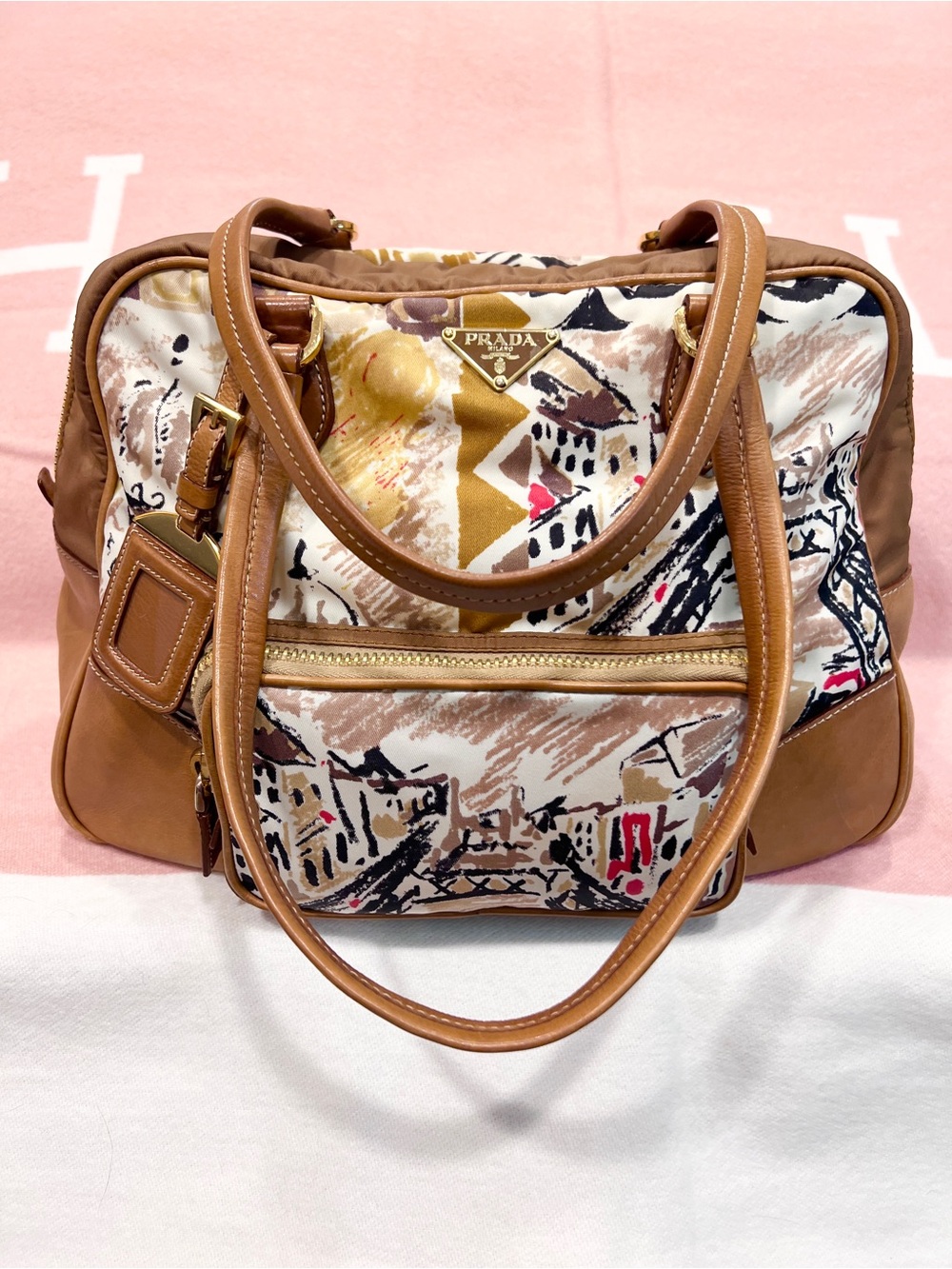 PRADA⭐️Venice! Multicolor Canvas Shoulder Bag with Brown Leather Trim